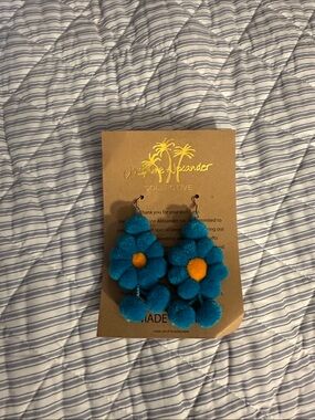 Handmade Blue Flower Pom Pom Earrings
